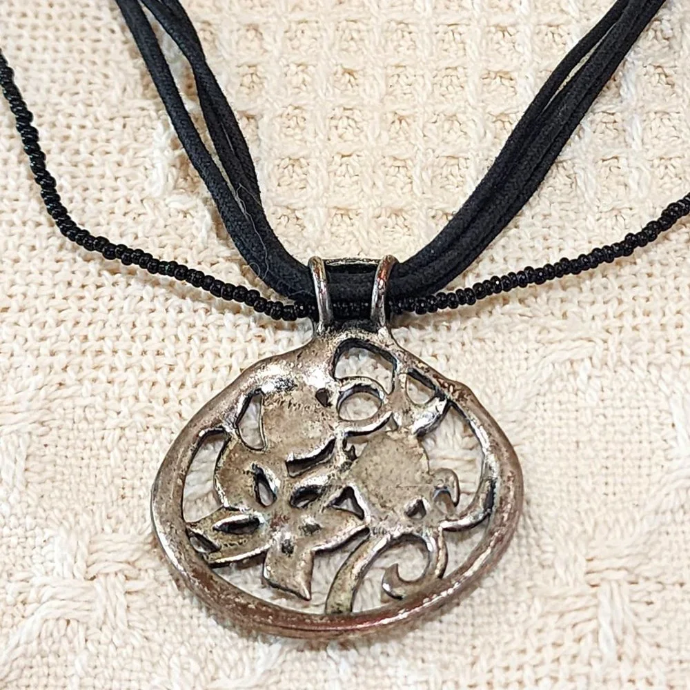 Contemporary Floral Rhinestone Medallion Silver Black Statement Necklace